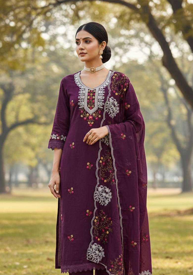 Voilet Embroidered Cotton Blend Dress Material - Indya