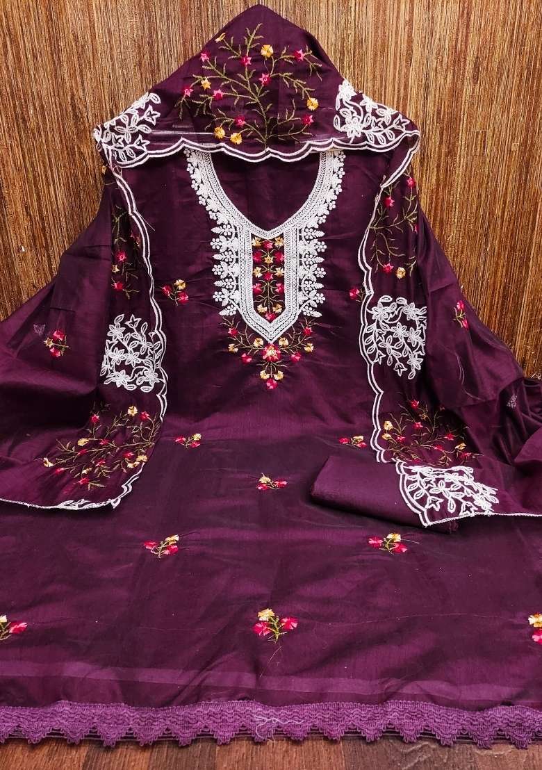 Voilet Embroidered Cotton Blend Dress Material - Indya