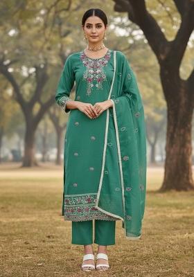 Sea Green Embroidered Cotton Blend Dress Material