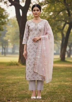 Baby Pink Embroidered Oragnza Dress Material