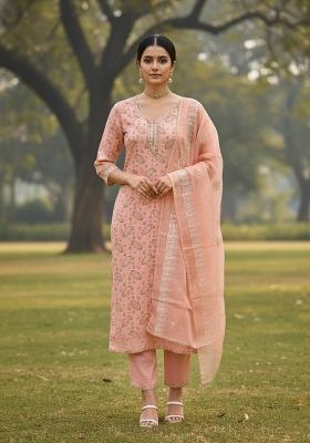 Peach Embroidered Oragnza Dress Material