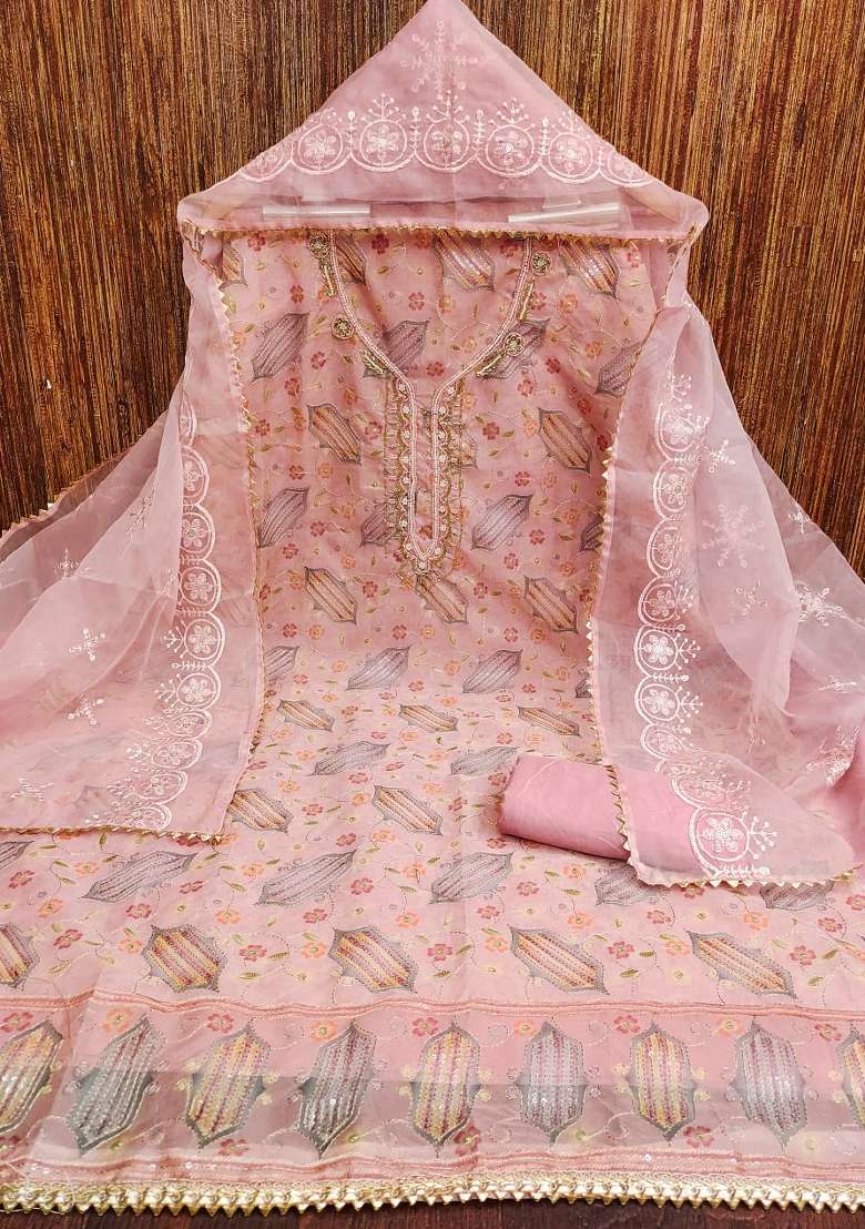 Pink Printed Organza Pakistani Suit Set - Indya