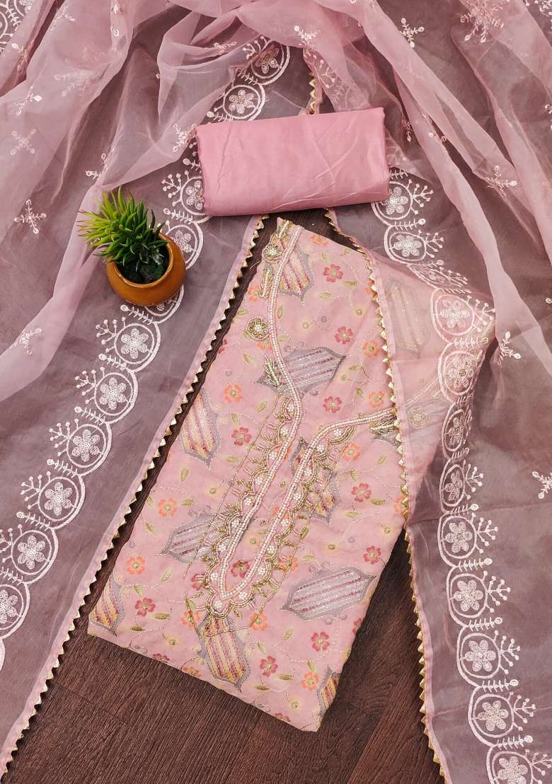 Pink Printed Organza Pakistani Suit Set - Indya