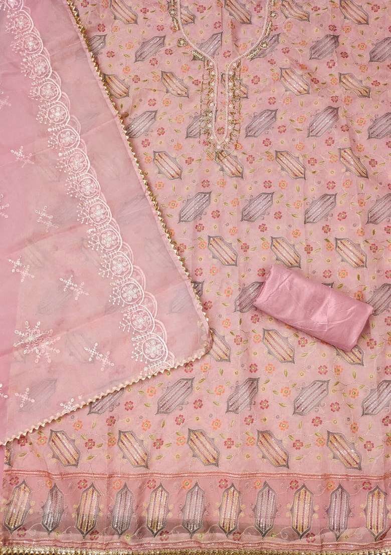 Pink Printed Organza Pakistani Suit Set - Indya