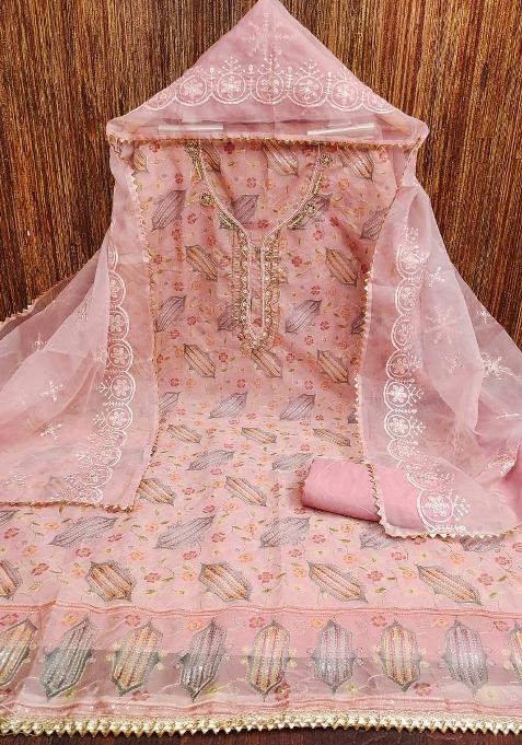 Pink Embroidered Oragnza Dress Material