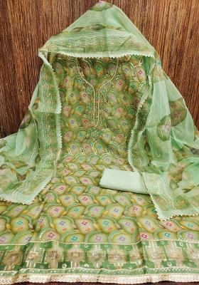 Green Embroidered Oragnza Dress Material