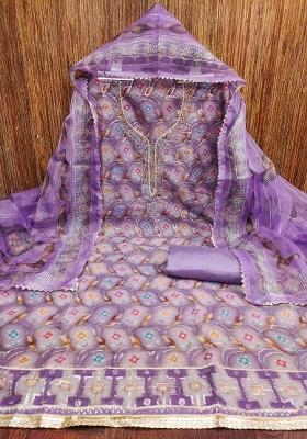 Lavender Embroidered Oragnza Dress Material