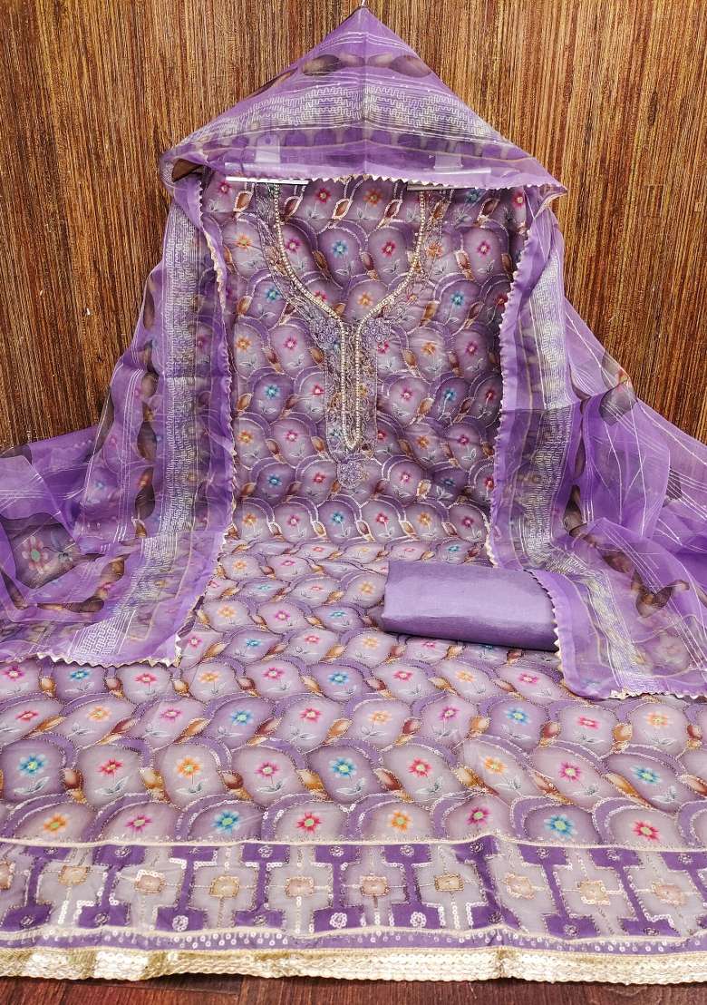 Lavender Printed Organza Pakistani Suit Set - Indya