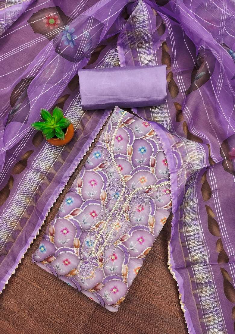 Lavender Printed Organza Pakistani Suit Set - Indya