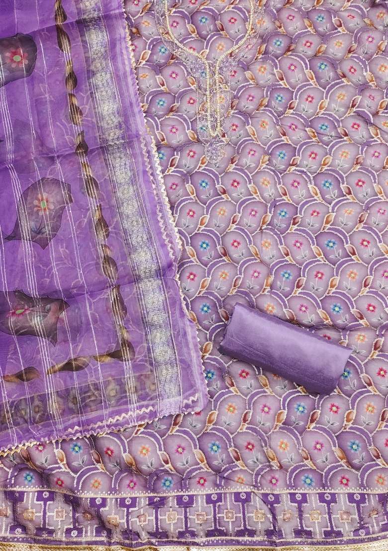 Lavender Printed Organza Pakistani Suit Set - Indya