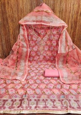 Pink Embroidered Oragnza Dress Material