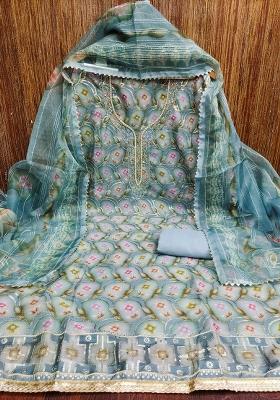 Sea Green Embroidered Oragnza Dress Material