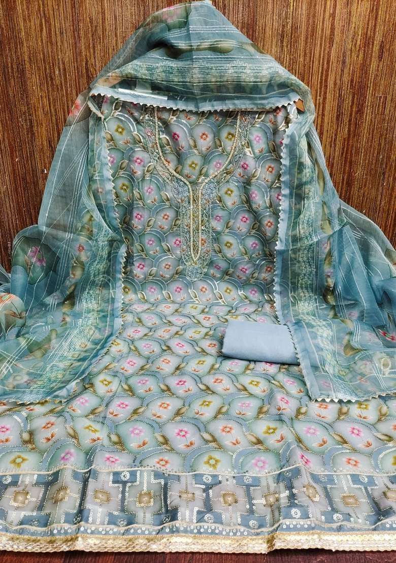 Sea Green Printed Organza Pakistani Suit Set - Indya