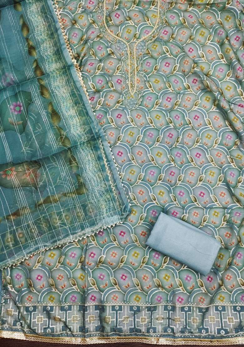 Sea Green Printed Organza Pakistani Suit Set - Indya