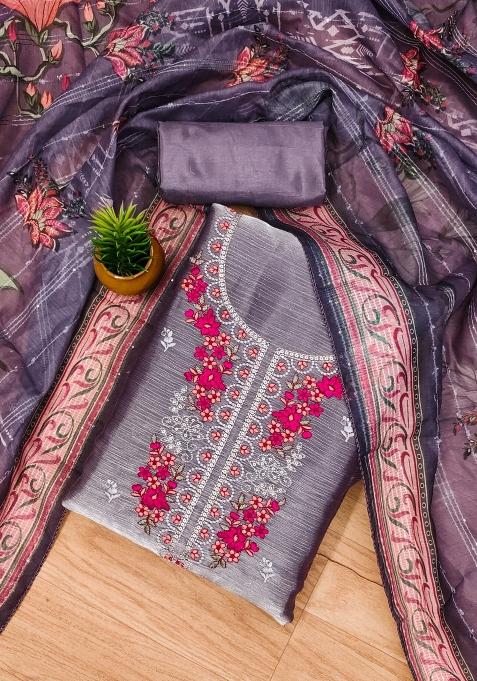 Grey Embroidered Silk Dress Material
