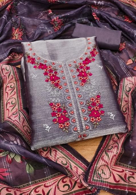 Grey Embroidered Silk Dress Material