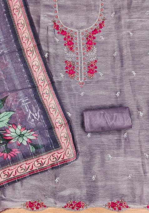 Grey Embroidered Silk Dress Material