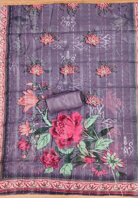 Grey Embroidered Silk Dress Material