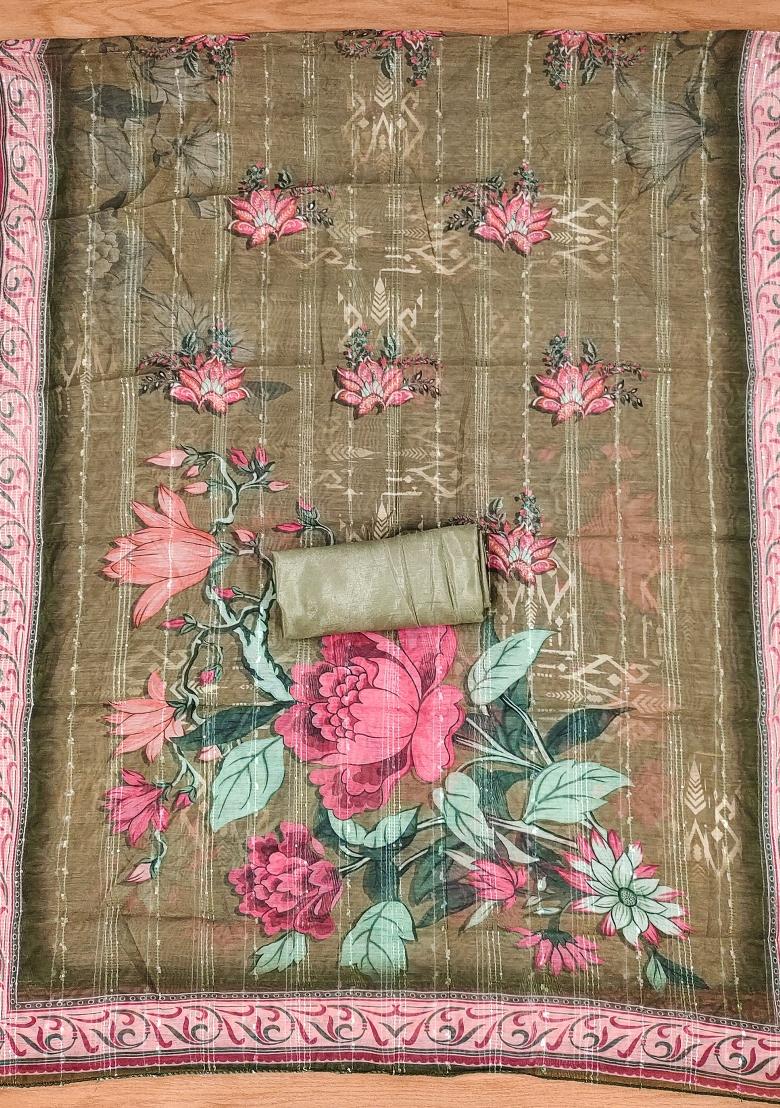 Light Green Embroidered Silk Dress Material - Indya