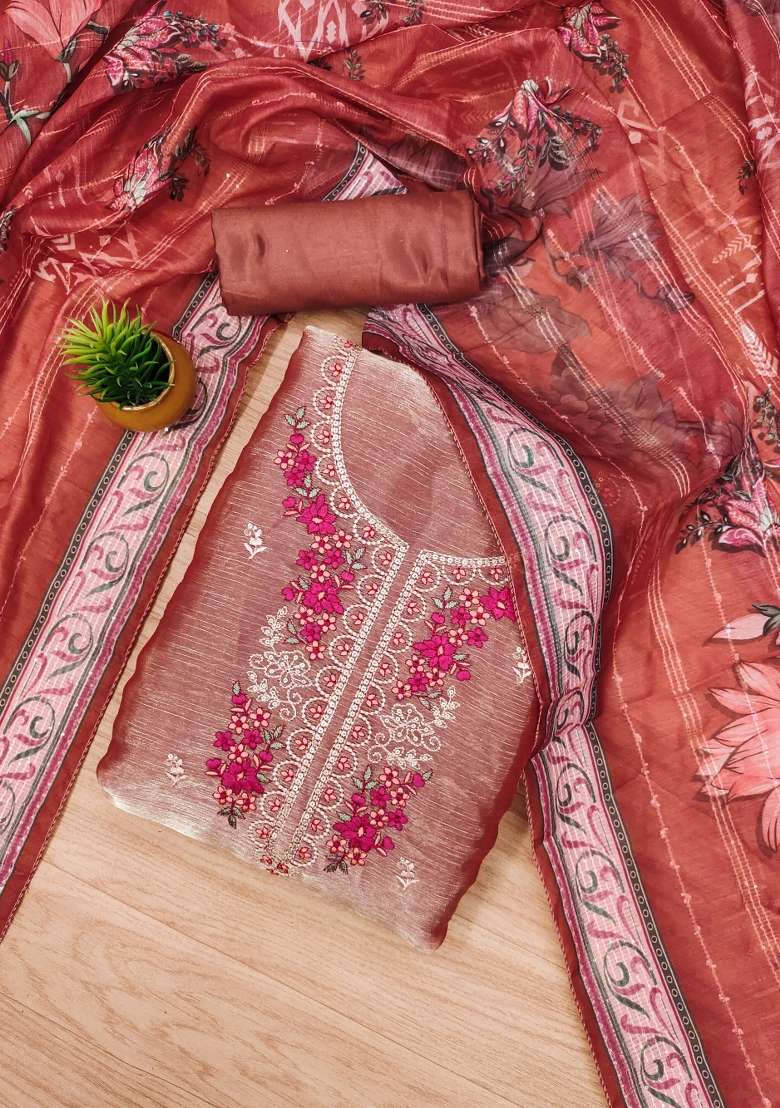 Rust Embroidered Silk Blend Straight Kurta Set - Indya