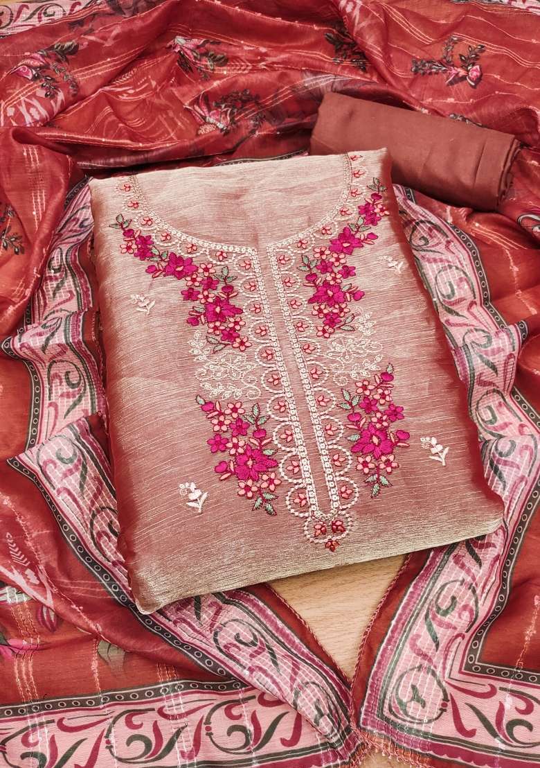 Rust Embroidered Silk Blend Straight Kurta Set - Indya