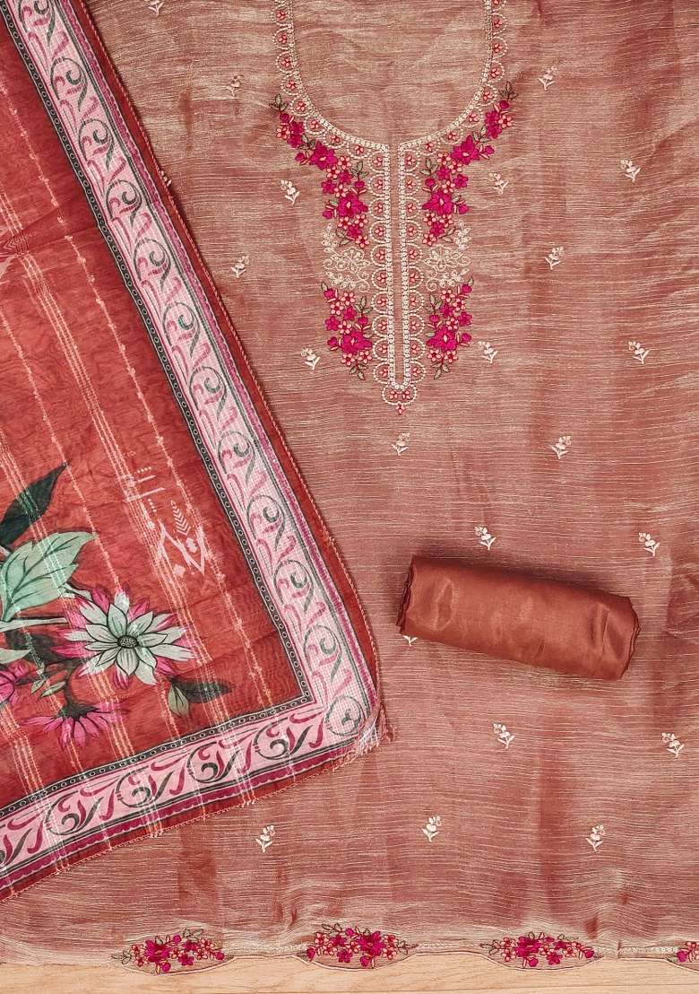 Rust Embroidered Silk Blend Straight Kurta Set - Indya