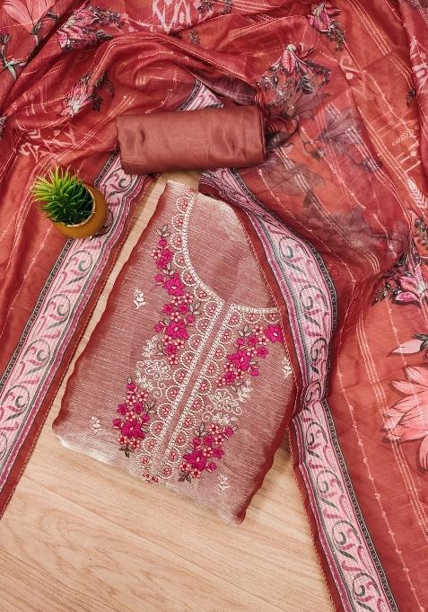 Rust Embroidered Silk Dress Material