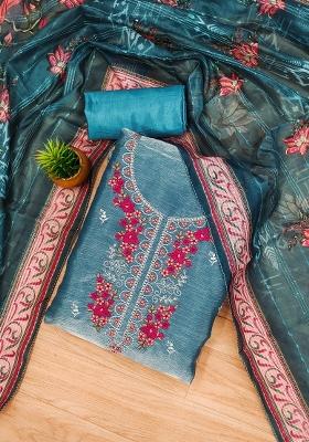 Sea Green Embroidered Silk Dress Material