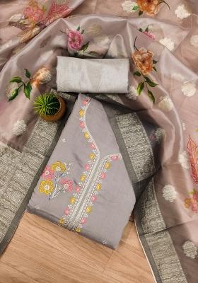 Grey Embroidered Silk Dress Material