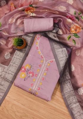 Lavender Embroidered Silk Dress Material