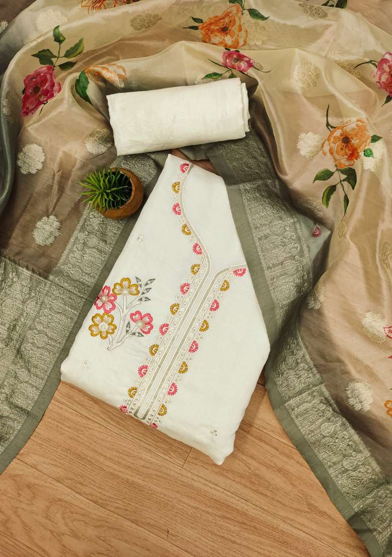 Light Green Embroidered Silk Dress Material - Indya