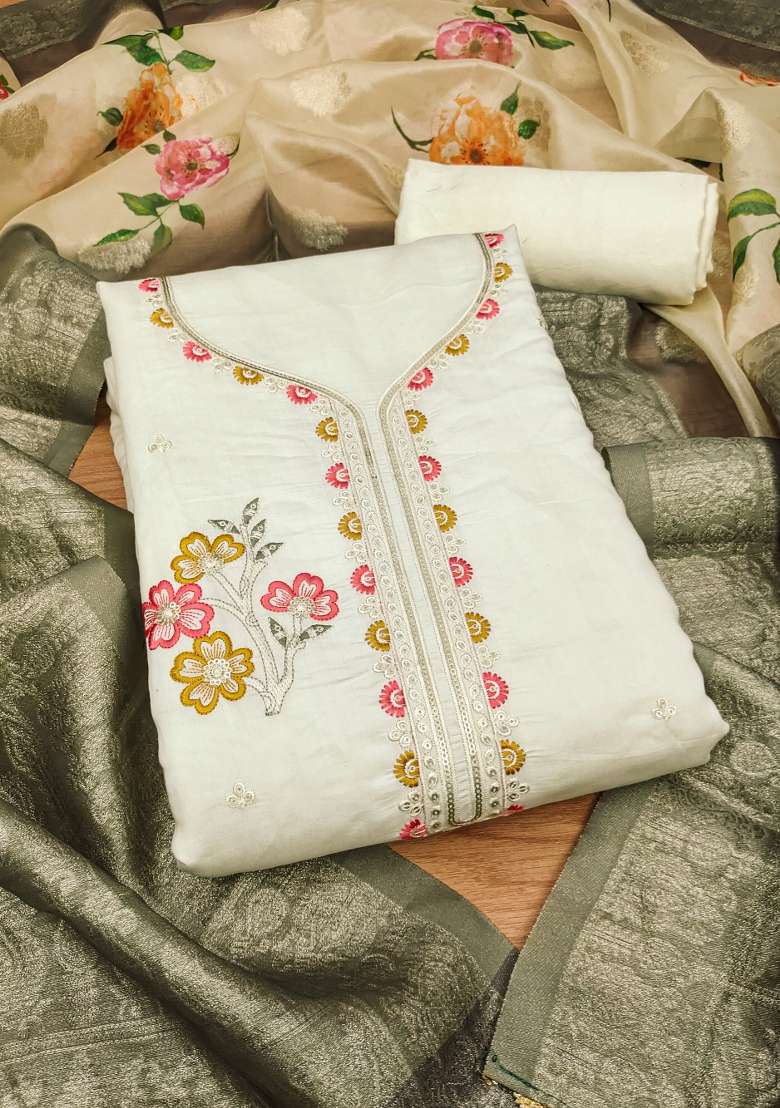 Light Green Embroidered Silk Dress Material - Indya