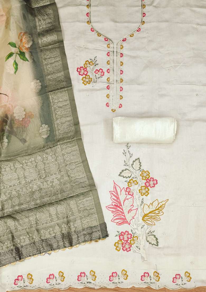 Light Green Embroidered Silk Dress Material - Indya