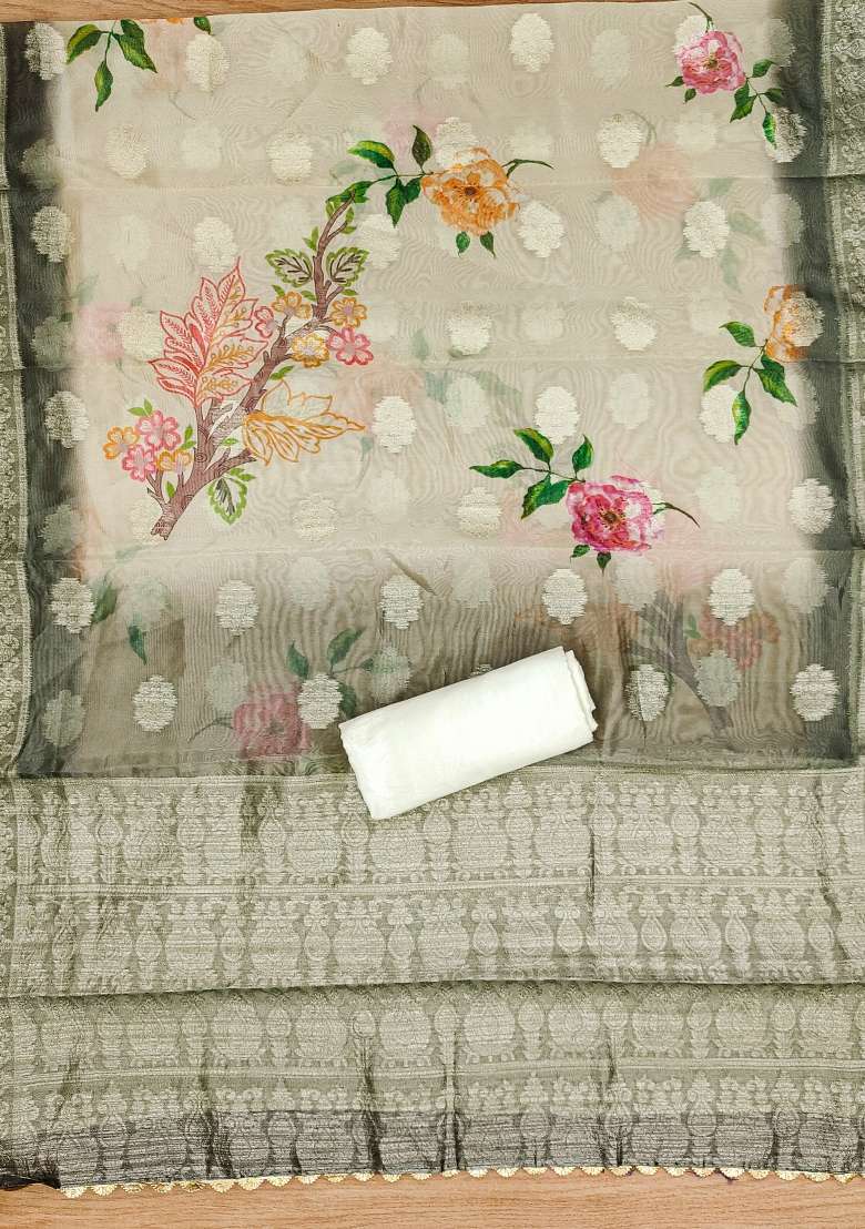 Light Green Embroidered Silk Dress Material - Indya