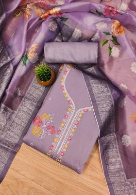 Purple Embroidered Silk Dress Material