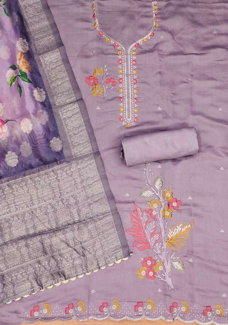 Purple Embroidered Silk Blend Straight Kurta Set - Indya