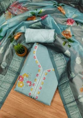 Sea Green Embroidered Silk Dress Material