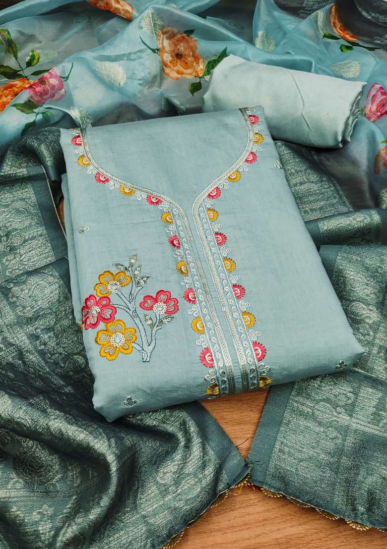 Sea Green Embroidered Silk Straight Kurta Set - Indya