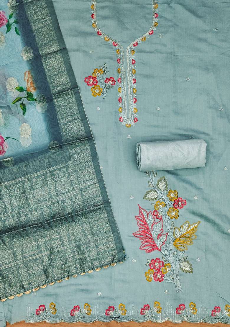 Sea Green Embroidered Silk Straight Kurta Set - Indya