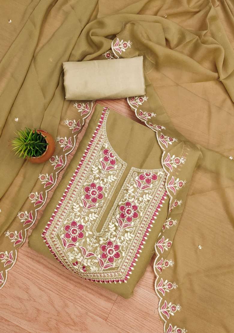 Beige Embroidered Georgette Dress Material - Indya
