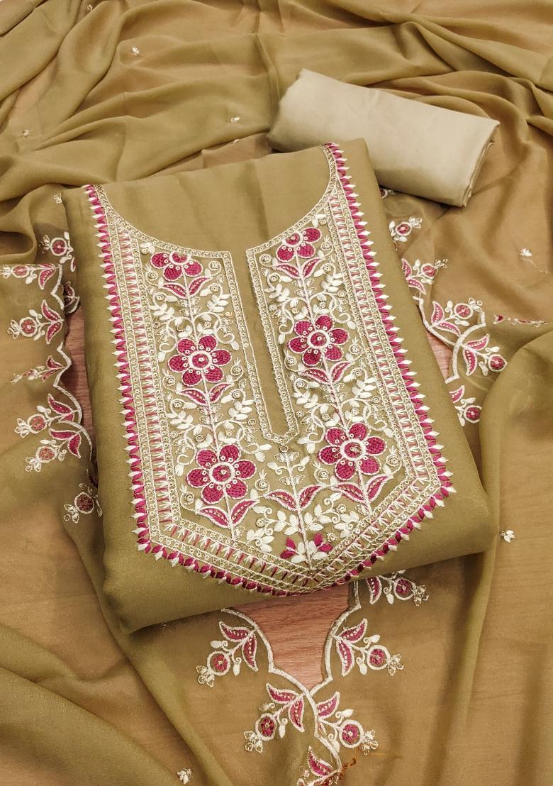 Beige Embroidered Georgette Dress Material - Indya