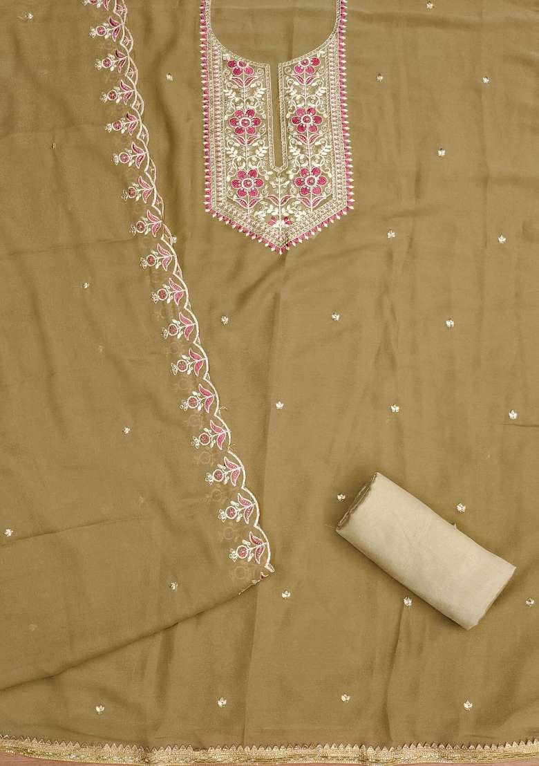 Beige Embroidered Georgette Dress Material - Indya