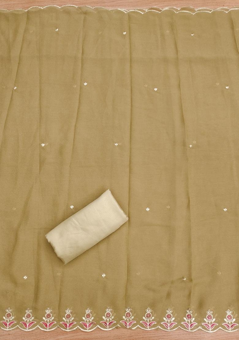 Beige Embroidered Georgette Dress Material - Indya