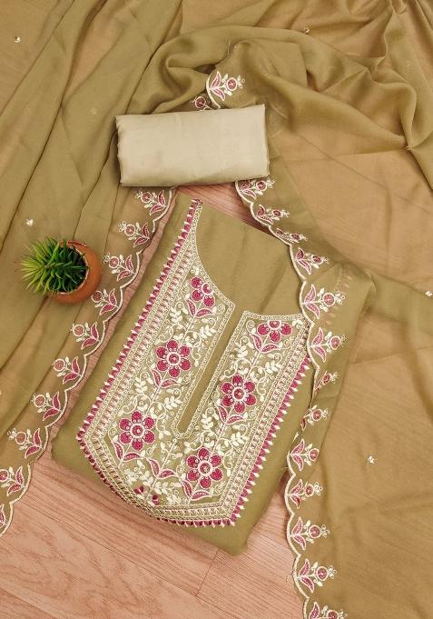 Beige Embroidered Georgette Dress Material