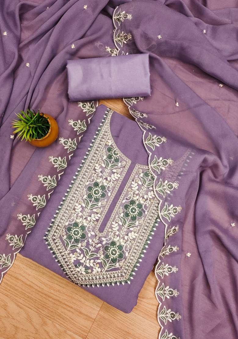 Lavender Embroidered Georgette Straight Kurta Set - Indya