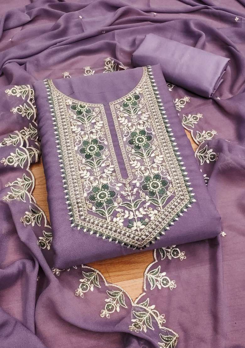 Lavender Embroidered Georgette Straight Kurta Set - Indya