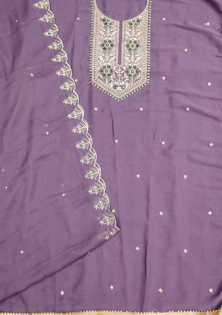Lavender Embroidered Georgette Straight Kurta Set - Indya