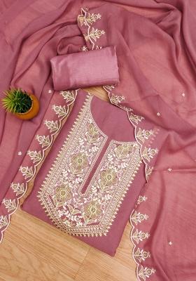 Purple Embroidered Georgette Dress Material