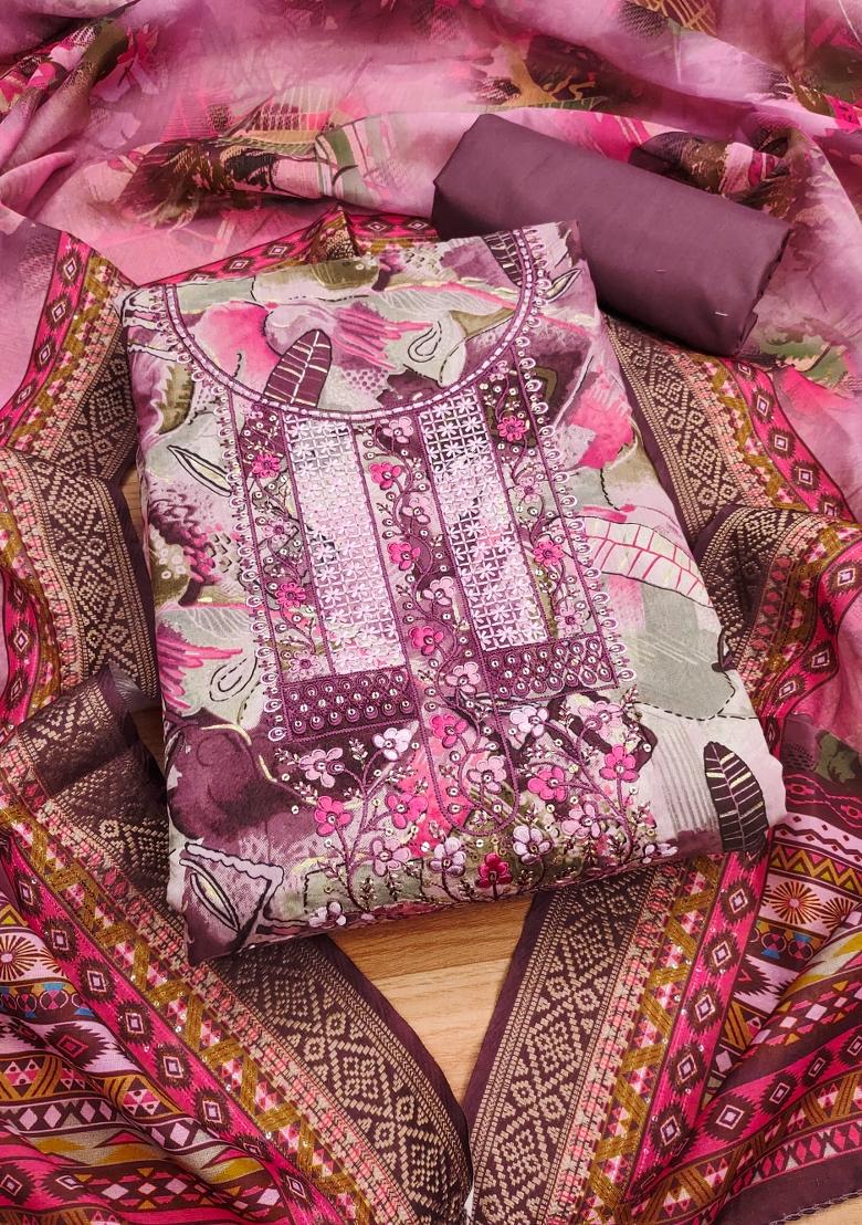 Multicolor Embroidered Cotton Blend Dress Material