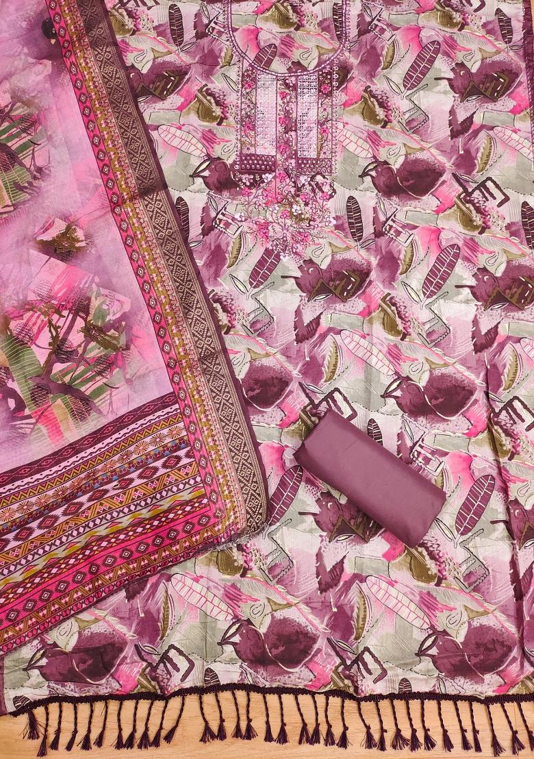 Multicolor Embroidered Cotton Blend Dress Material